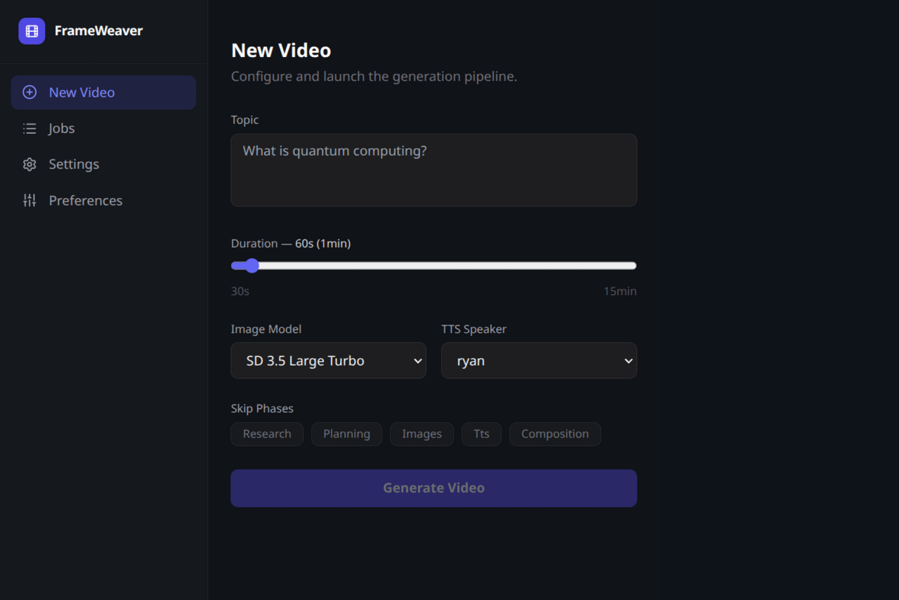 FrameWeaver New Video screen for configuring a topic, duration, image model, TTS speaker, and pipeline phases