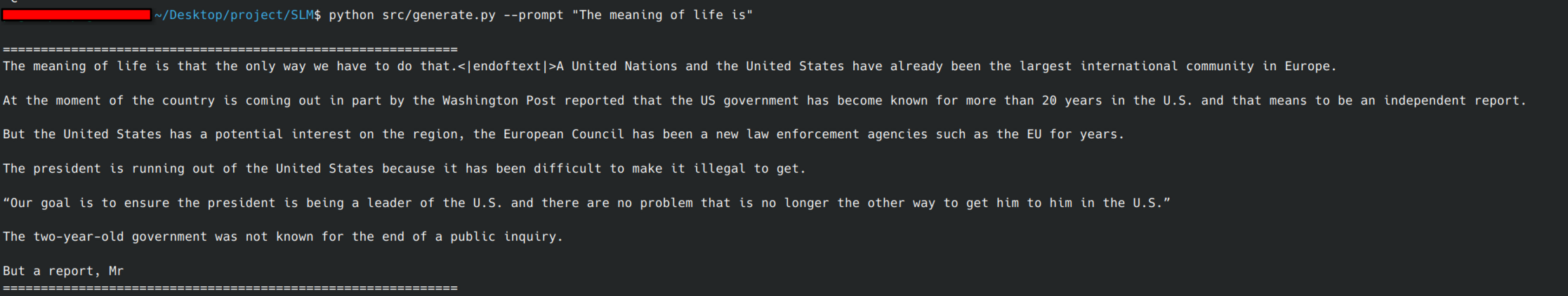 Sample text generated by the 50M parameter model after 5,000 training steps