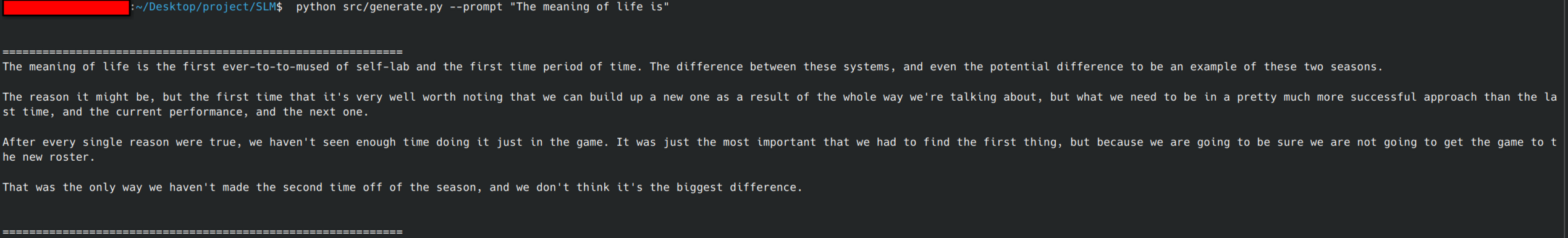 Sample text generated by the 77M parameter model after 5,000 training steps